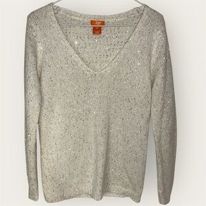 White Sequined V-Neck Knit Sweater - Size S/P